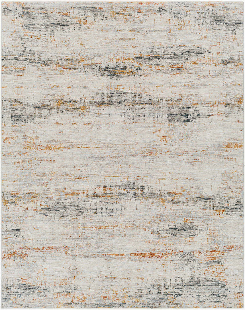 Close-up of the Midhurst Luxe Rug; a contemporary rug with brick red, cream, dusty sage, and gray abstract pattern. Design-Rectangle-710103