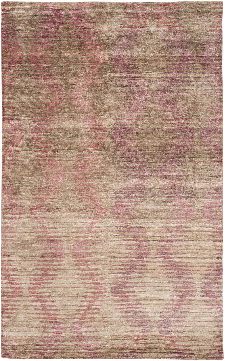 Close-up of the Midkiff Area Carpet. Hand-knotted viscose rug in gray, ivory, lilac, and off-white with a contemporary design. Design-Rectangle-58