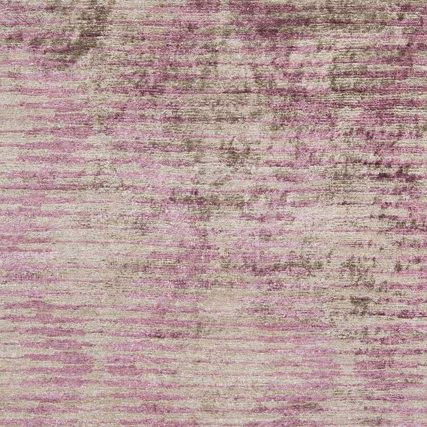 Close-up of the Midkiff Area Carpet. Hand-knotted viscose rug in gray, ivory, lilac, and off-white with a contemporary design. Swatch