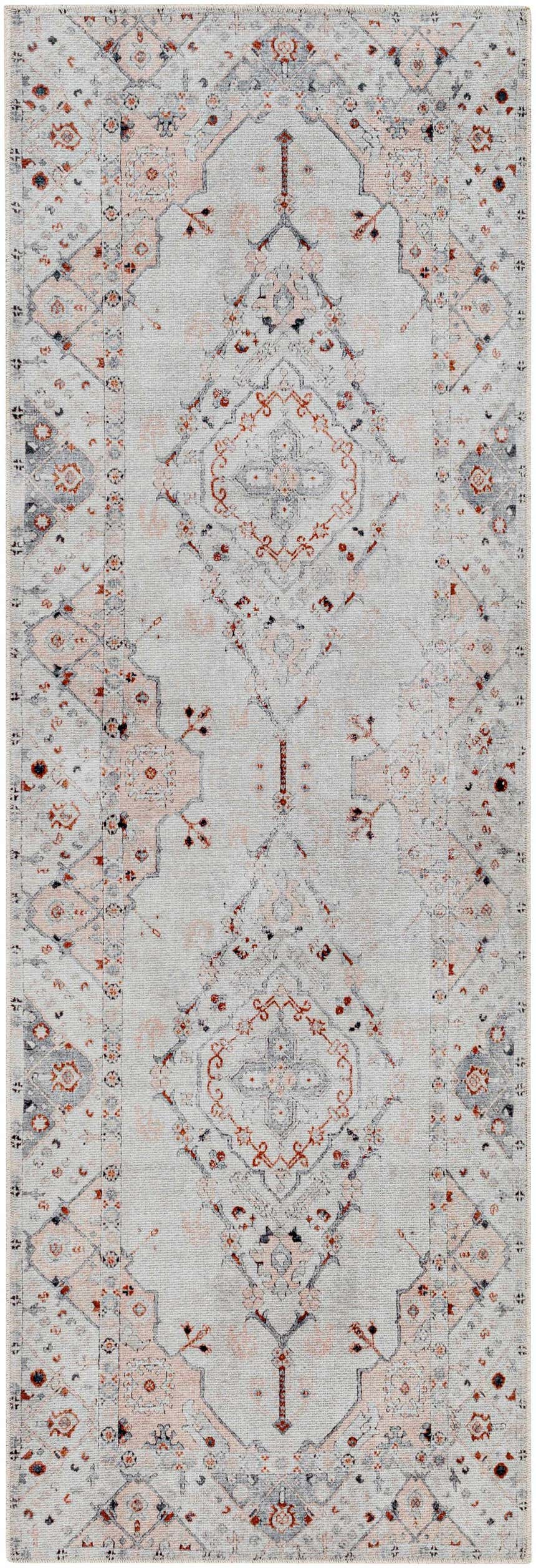 Close-up of the Midtown Washable Area Rug - Clearance. Traditional oriental rug pattern in brick red, charcoal, gray, and peach. Design-Runner-27710