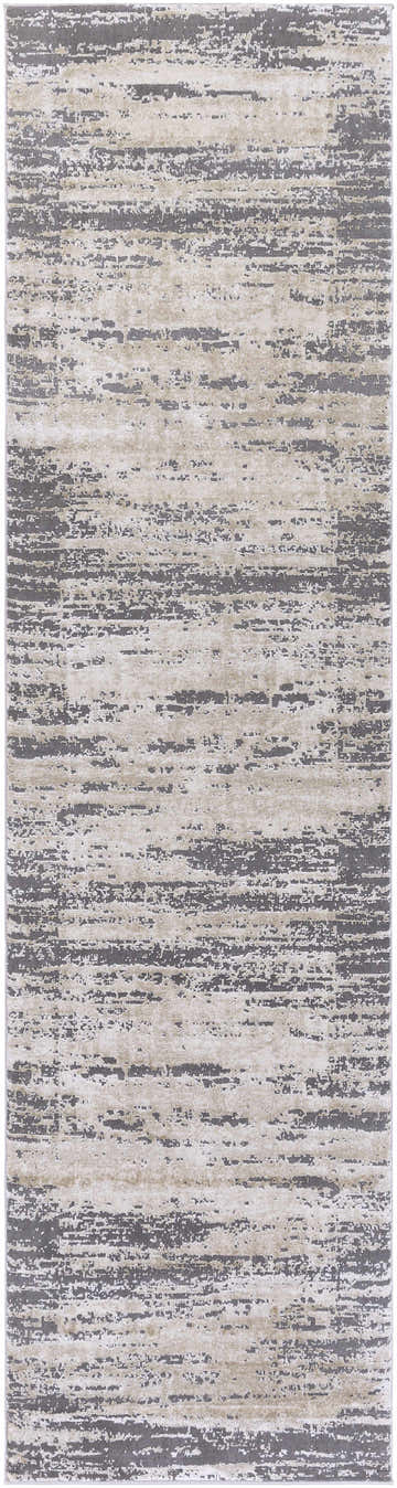 Close-up of the Mikana Beige Tibetan Rug, showcasing its beige and charcoal abstract pattern and machine-woven texture. Design-Runner-2710