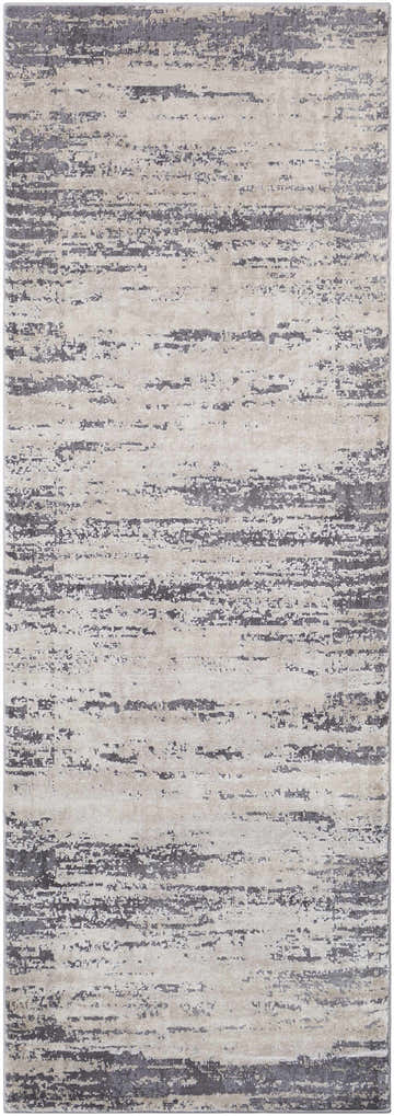 Close-up of the Mikana Beige Tibetan Rug, showing a contemporary charcoal and light beige abstract pattern. Design-Runner-2776