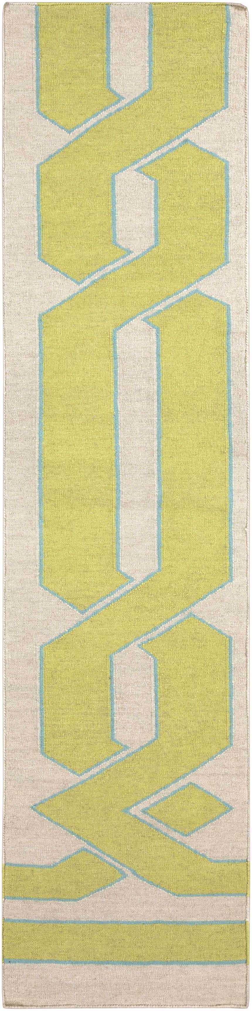 Close-up of the hand woven Milano Area Rug. Ivory, light olive, and seafoam geometric pattern. 100% wool texture. Design-Runner-268