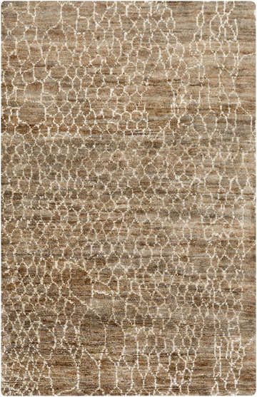 Close-up of the Milbridge Clearance Jute Rug. Hand-knotted rug with beige and brown tones and a contemporary geometric pattern. Design-Rectangle-58
