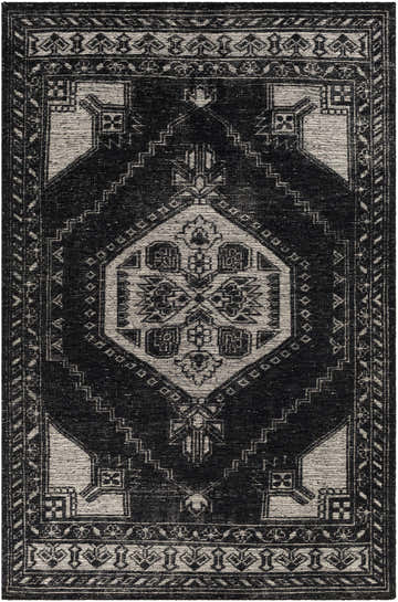 Close-up of the hand-knotted Minapan Premium Area Rug. Black and cream cotton and wool oriental rug with traditional patterns. Design-Rectangle-5686