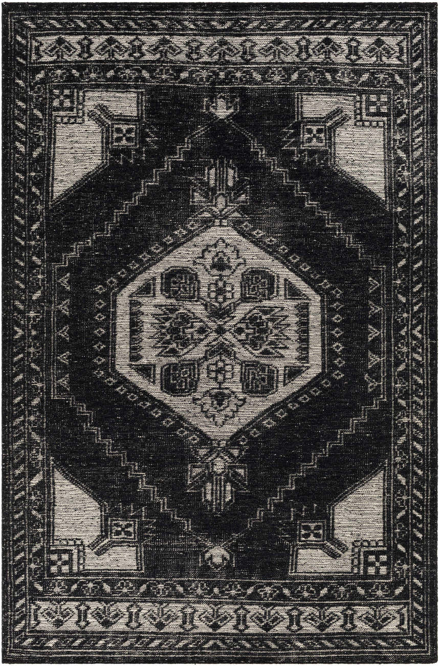 Close-up of the hand-knotted Minapan Premium Area Rug. Black and cream cotton and wool oriental rug with traditional patterns. Design-Rectangle-5686