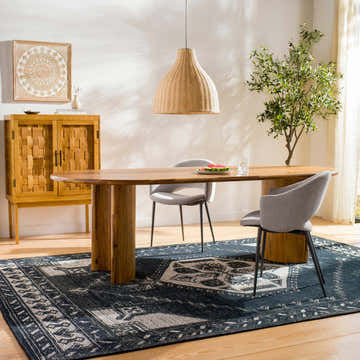 Dining room with wood table, gray chairs, and black and cream Minapan Premium Area Rug. Roomscene-Rectangle