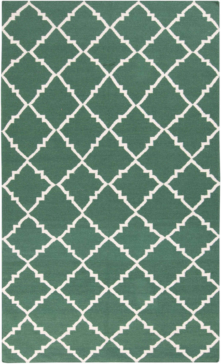 Close-up of Minehead Area Rug: dark green 100% wool with a light gray geometric trellis pattern. Hand woven rug. Design-Rectangle-58