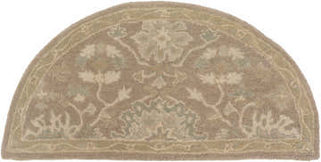 Close-up of Hazen Hand Tufted Beige 1149 Area Rug, hearth shape. Beige, brown, and sage floral pattern. Wool texture. Design-Hearth