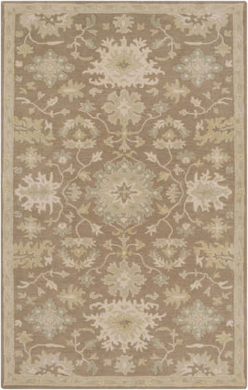 Detailed Hazen Hand Tufted Beige 1149 Area Rug with a traditional floral pattern in beige, sage, and brown hues. Wool texture. Design-Rectangle-58