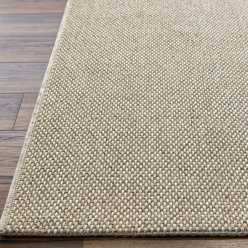 Close-up of the Matah Beige Outdoor Area Rug showing its woven texture and neutral tan and light brown colors. Front