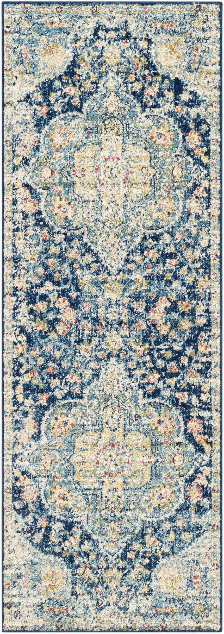 Close-up of the Mallacoota Area Rug. Traditional style with cream, navy, yellow, and rose floral pattern. Design-Runner-2776