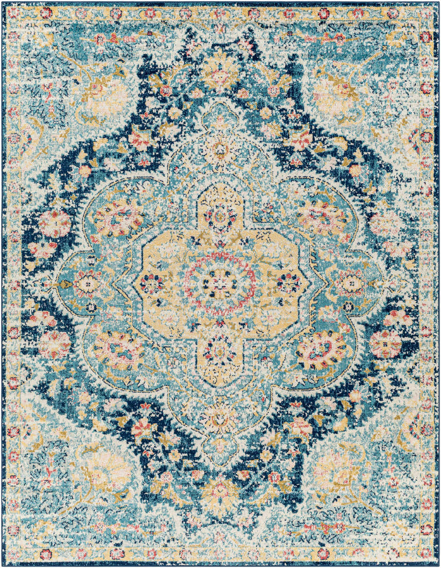 Detailed texture of the Mallacoota Area Rug with cream, navy, rose, and yellow floral oriental pattern. Design-Rectangle-710103