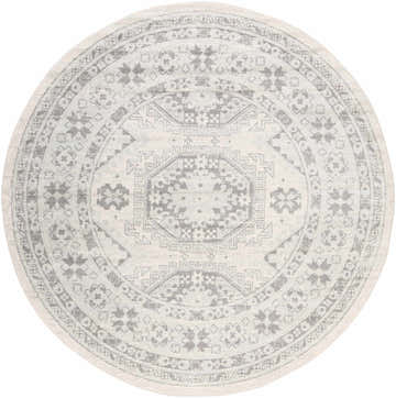 Close-up of the round Moundsville Area Rug. Features a gray, light beige, and charcoal bohemian pattern. Design-Round-710