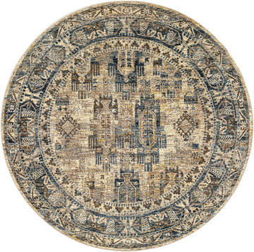 Close-up of the round Mundesley Area Rug. Features a traditional, oriental design in cream, dark blue, and brown tones. Design-Round-67