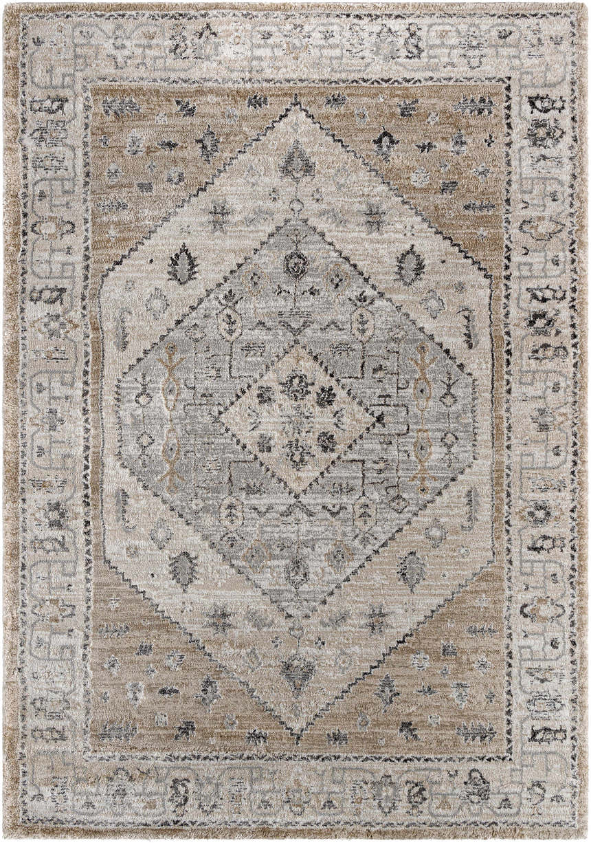 Close-up of the Minal Luxe Thick Area Rug, featuring a traditional diamond pattern in dark gray, medium gray, and beige. Design-Rectangle-537