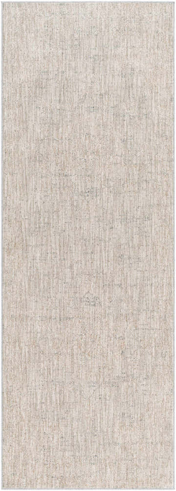 Close-up of the Monto Luxe Rug. Machine-woven polyester rug in charcoal, cream, gray, and taupe. Design-Runner-2773