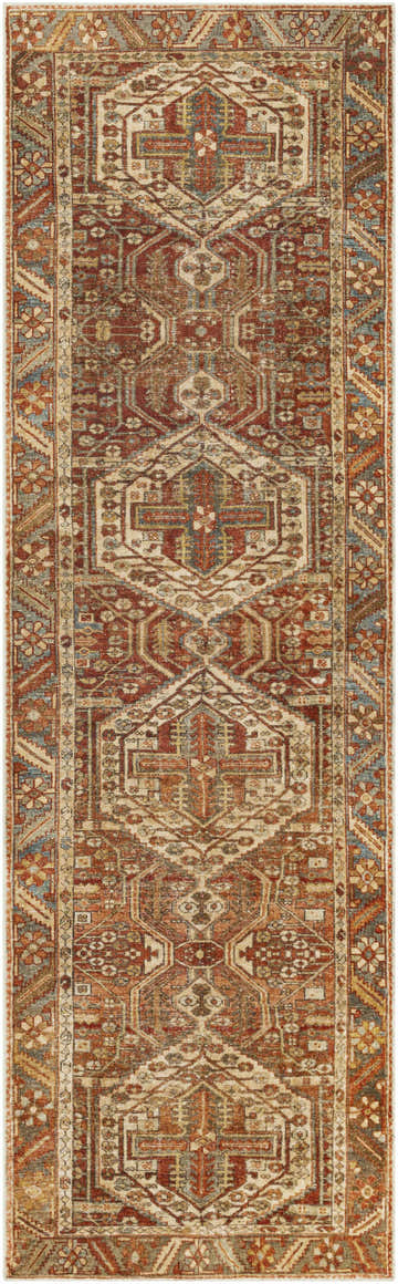 Close-up of the Mantalongon Washable Area Rug. Features a traditional, geometric pattern in brick red, brown, and dusty coral tones. Design-Runner-268