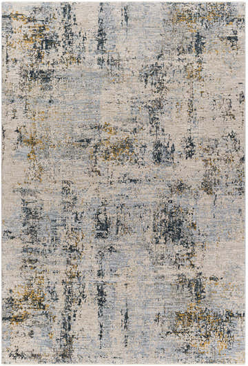 Close-up of the Montreat Luxe Rug, a contemporary rug with cream, gray, teal, and mustard abstract design. Design-Rectangle-6796