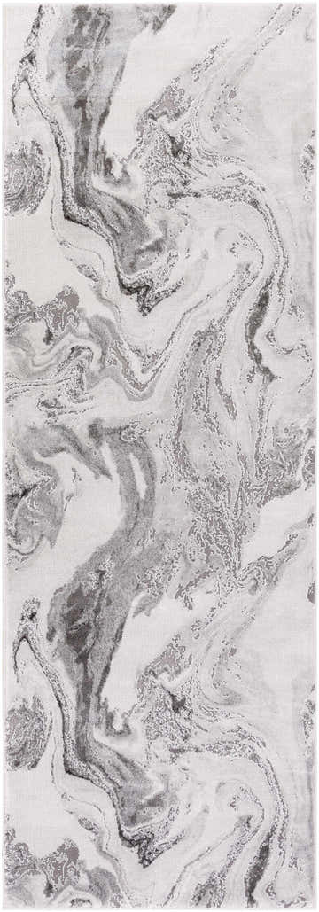 Close-up of the Moana Charcoal Marble Rug. Features a contemporary gray, charcoal, and white abstract marbled pattern. Design-Runner-2777