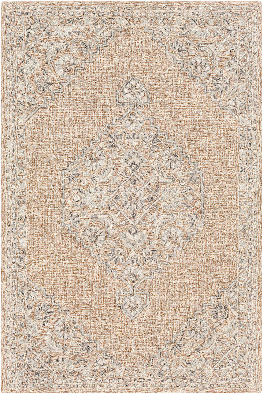 Close-up of the Modimolle Area Carpet. Hand-tufted wool and viscose rug with a traditional Persian-style design in brown, camel, and cream. Design-Rectangle-576