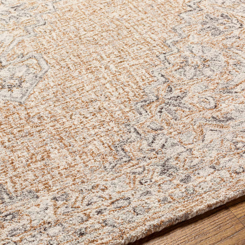 Close up of the Modimolle Area Carpet, a hand-tufted rug with brown, camel, and gray Persian-inspired patterns. Texture