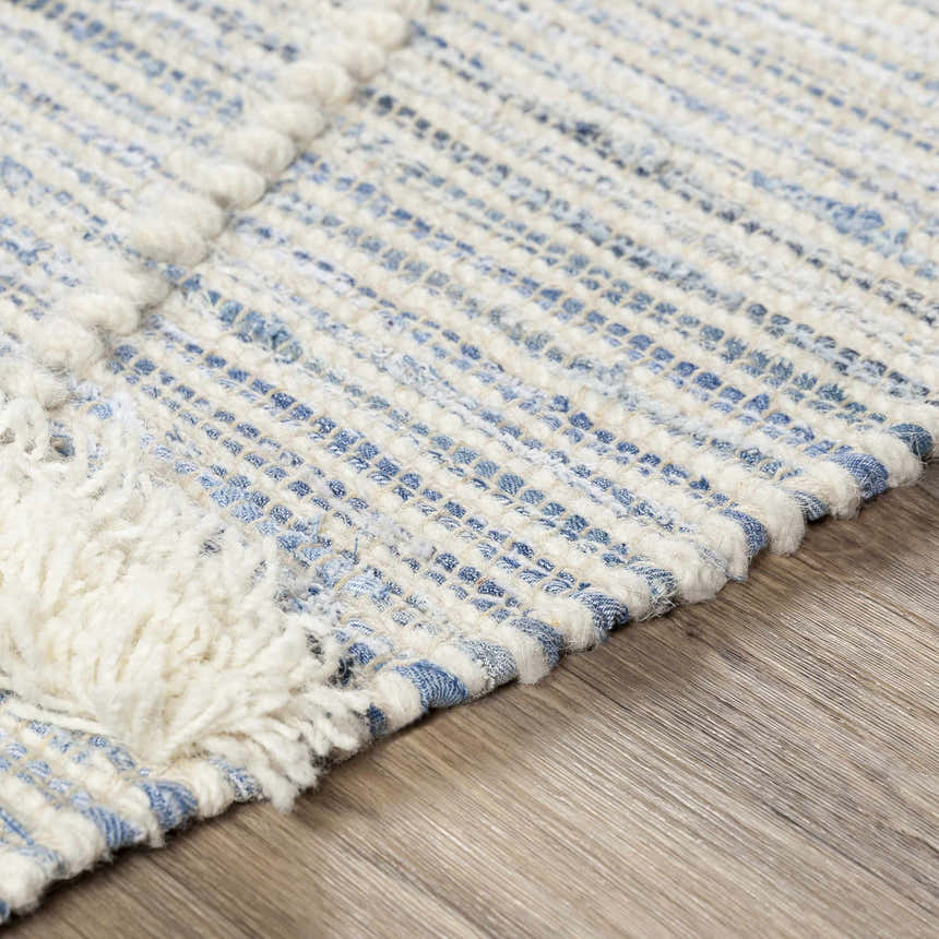 Close up of the hand woven Moe Area Rug featuring a blue and cream bohemian pattern. Texture