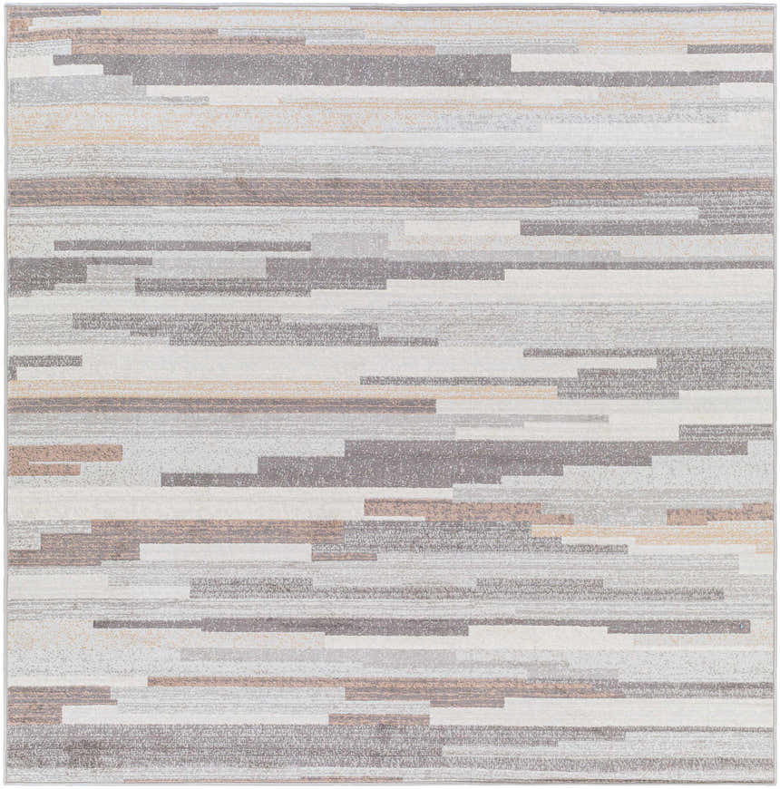 Close-up of the Monkland Area Rug featuring a contemporary horizontal block pattern in charcoal, gray, tan, and white. Design-Square-67