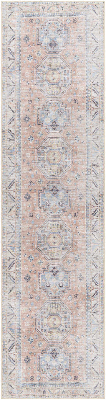 Close-up of the Morcott Peach Washable Area Rug featuring a traditional design with peach, blue, ivory, and oatmeal hues. Design-Runner-2710