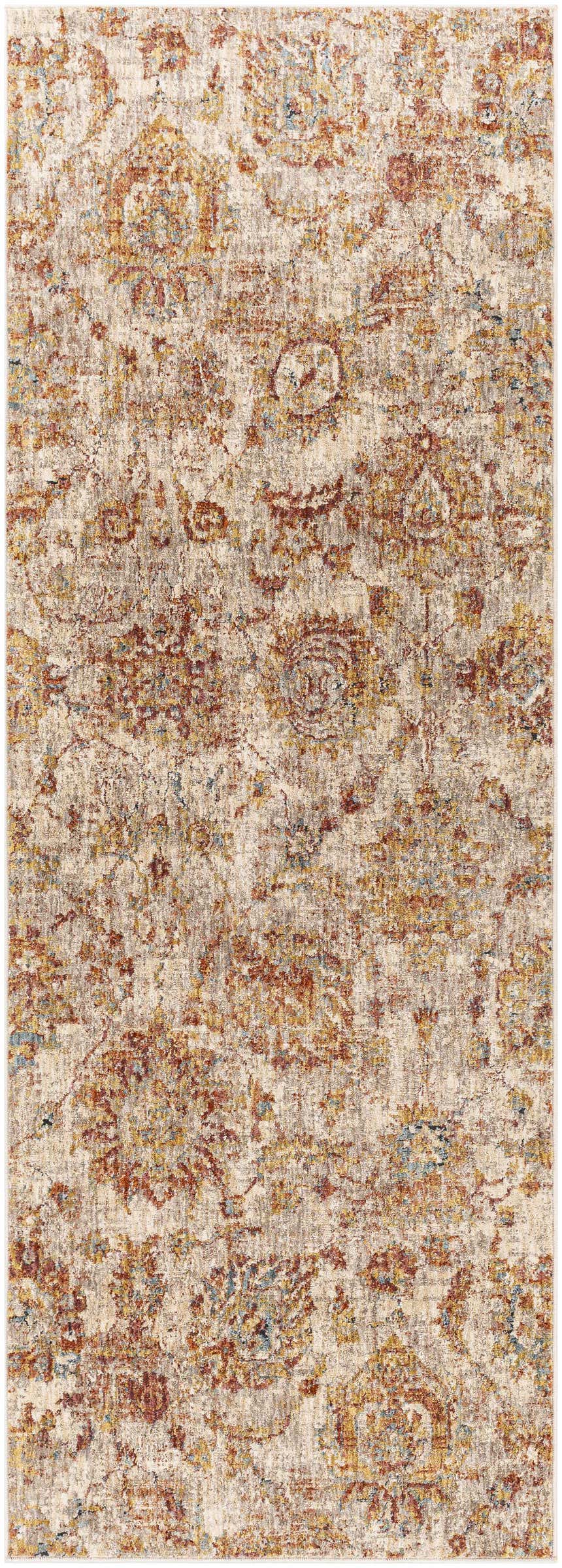 Close-up of the Morinville Area Rug: a traditional, machine-woven rug in brick red, charcoal, light beige, and mustard tones. Design-Runner-2773