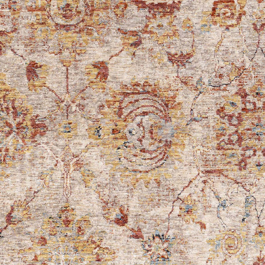 Close-up of the Morinville Area Rug, showcasing its traditional brick red, charcoal, and light beige oriental pattern. Swatch