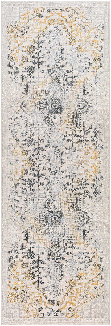 Close-up of the Morriston Faux Silk Rug. Features a vintage-inspired design with charcoal, gray, and mustard colors. Design-Runner-2777
