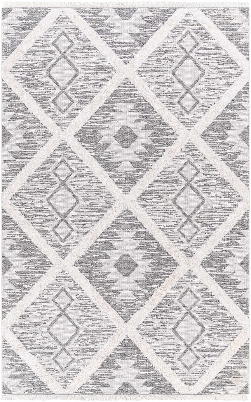 Close-up of Moto Area Rug. Southwestern style, arctic stone, dark gray, and pewter diamond pattern. 100% cotton. Design-Rectangle-517
