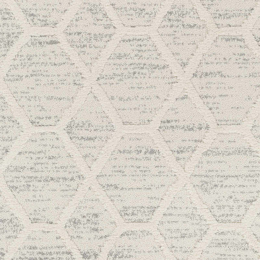 Close-up of Mpumalanga Area Rug. Bone and dark gray geometric pattern on a soft, textured, machine-woven rug. Swatch