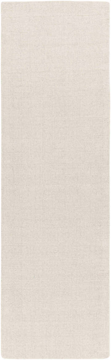 Close-up of the hand-tufted Mariba Ivory Wool Area Rug, showing its subtle striped texture and neutral color. Design-Runner-268