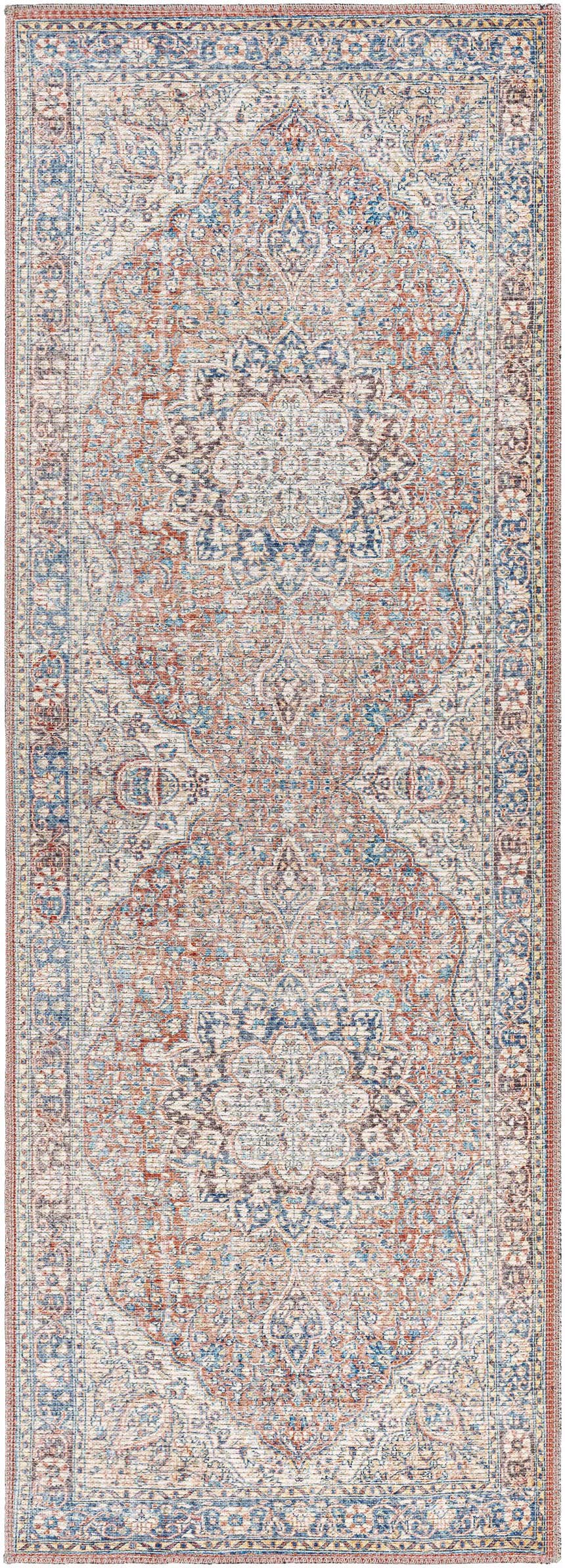 Close-up of the Cream Rust Maribojoc Medallion Washable Area Rug, showcasing its oriental design, rust, cream, and blue colors. Design-Runner-2773