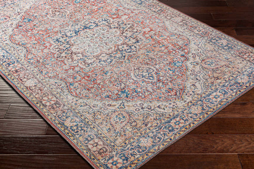 Close-up of the Cream Rust Maribojoc Medallion Washable Area Rug, showcasing its traditional, oriental design and warm color palette. Corner