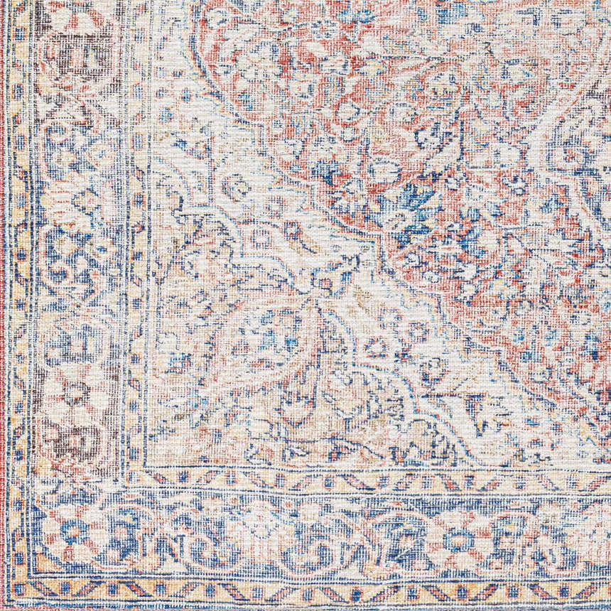 Close-up of the Cream Rust Maribojoc Medallion Washable Area Rug, showcasing its traditional oriental design and chenille-polyester texture. Swatch