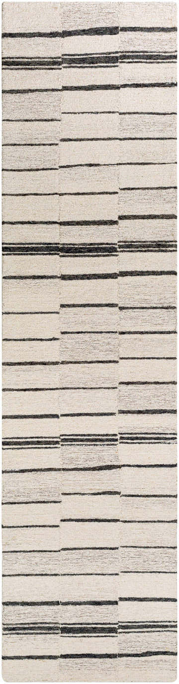 Close-up of the Moorebank Black Striped Wool Rug. Beige wool rug with thick, textured black stripes. Design-Runner-2610