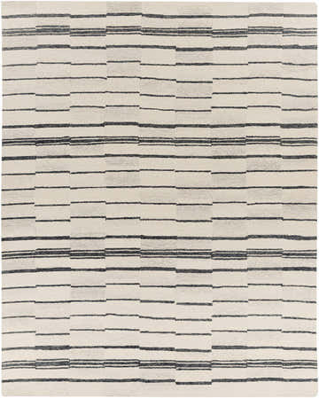 Close-up of the Moorebank Black Striped Wool Rug. Beige wool rug with a modern, abstract black stripe pattern. Hand-tufted texture. Design-Rectangle-810