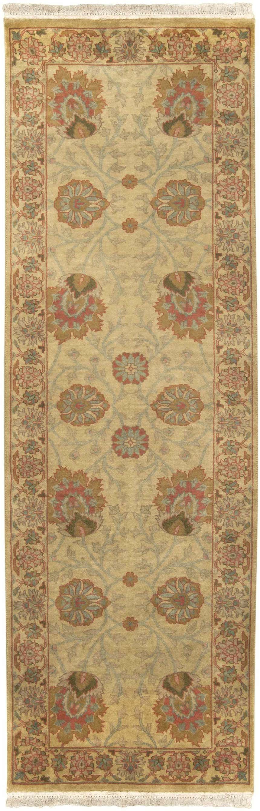 Close-up of the hand-knotted Maurice Area Rug; brick red, brown, and olive floral pattern on a neutral background. Design-Runner-268