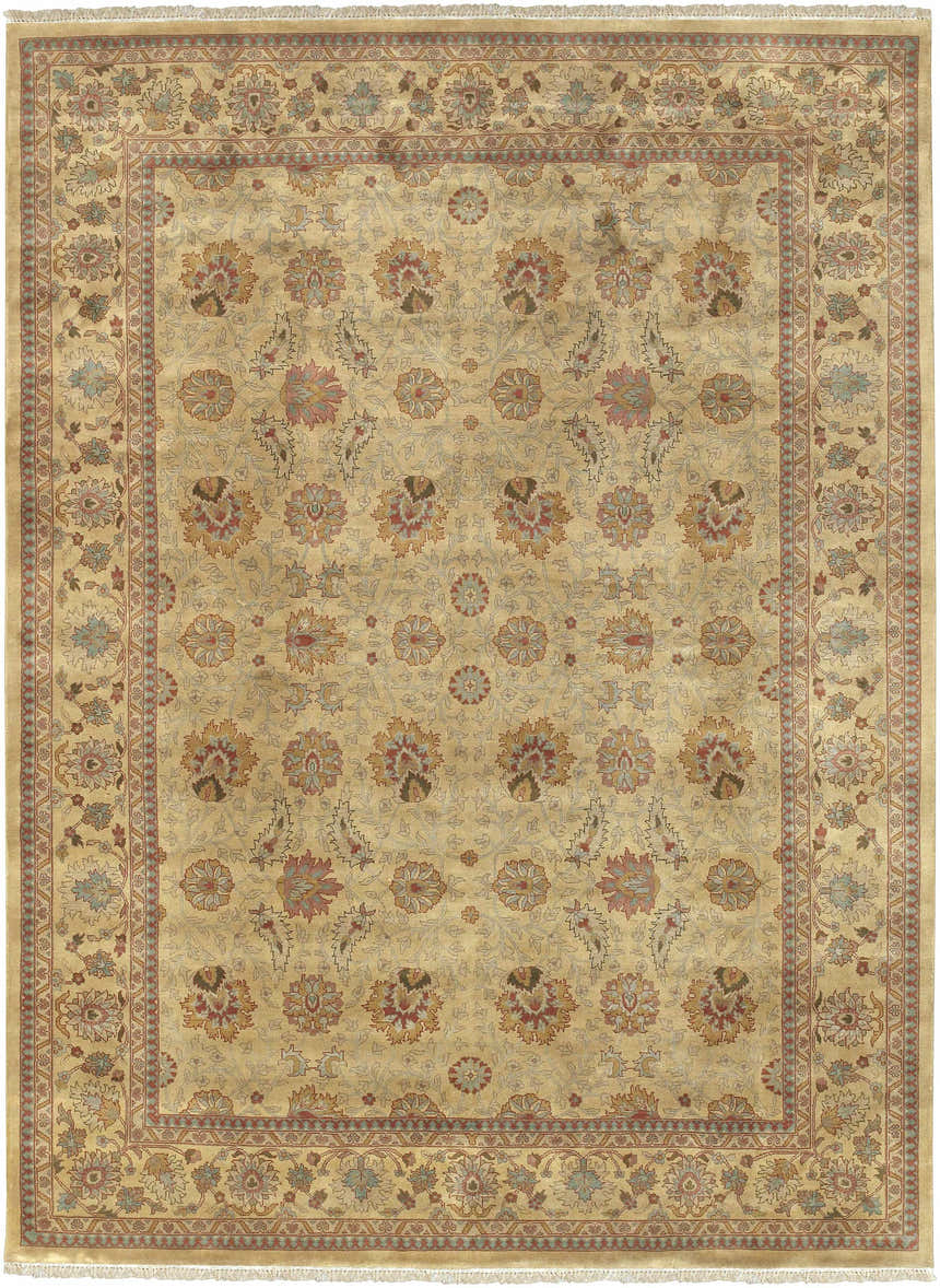 Detailed floral pattern on a hand-knotted Maurice Area Rug. Colors include brick red, brown, mustard, and olive. Farmhouse style. Design-Rectangle-86116