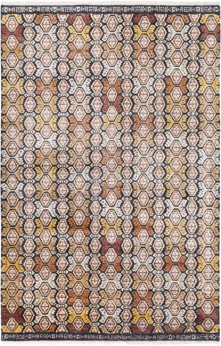 Overhead view of the Mercersburg Carpet, a hand-knotted rug with black, beige, orange, and red geometric patterns. Design-Rectangle