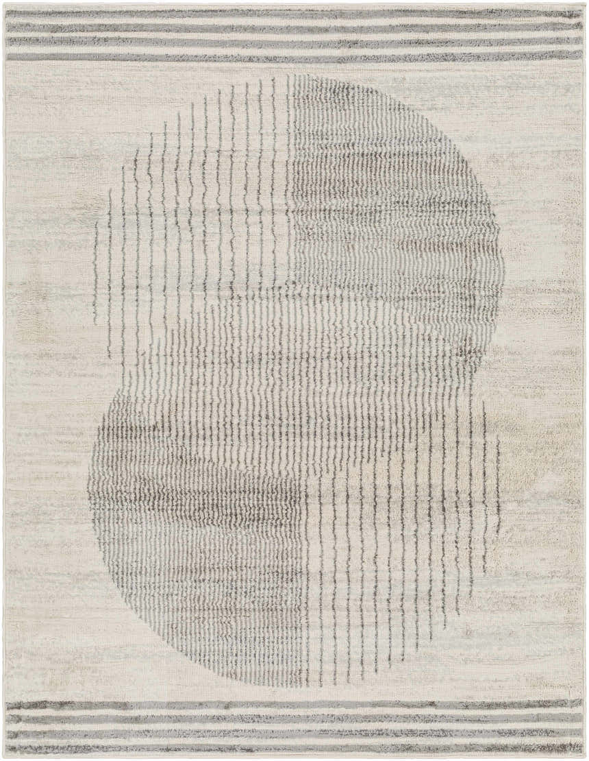 Close-up of the Amar Area Rug, featuring a geometric design with gray stripes and an abstract circle pattern on a natural gray background. Design-Rectangle-537