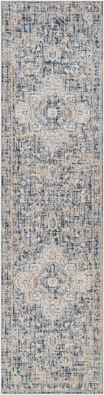 Detailed view of the Buguey Blue & Gray Area Rug, featuring a traditional, distressed design with beige, blue, and brick red tones. Design-Runner-2610