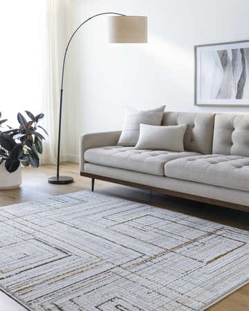 Living room scene with a neutral sofa and the Walda Area Rug in a geometric Southwestern pattern. Roomscene-Rectangle
