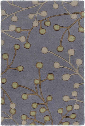 Close-up of the Elsu Brown Beige Wool Rug with a botanical design in light brown, beige, and green on a gray background. Design-Rectangle-23