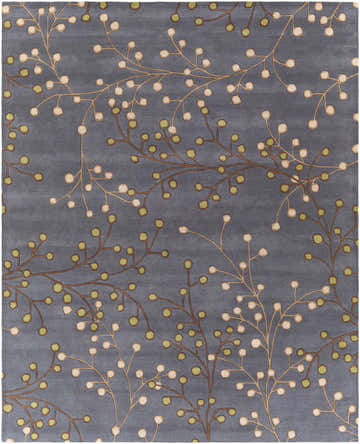 Close-up of the Elsu Brown Beige Wool Rug showcasing its floral design with brown branches and beige and green berries. Design-Rectangle-7696