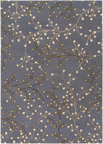 Close-up of the Elsu Brown Beige Wool Rug featuring a floral branch pattern in beige, brown, and green on a denim blue background. Design-Rectangle-811