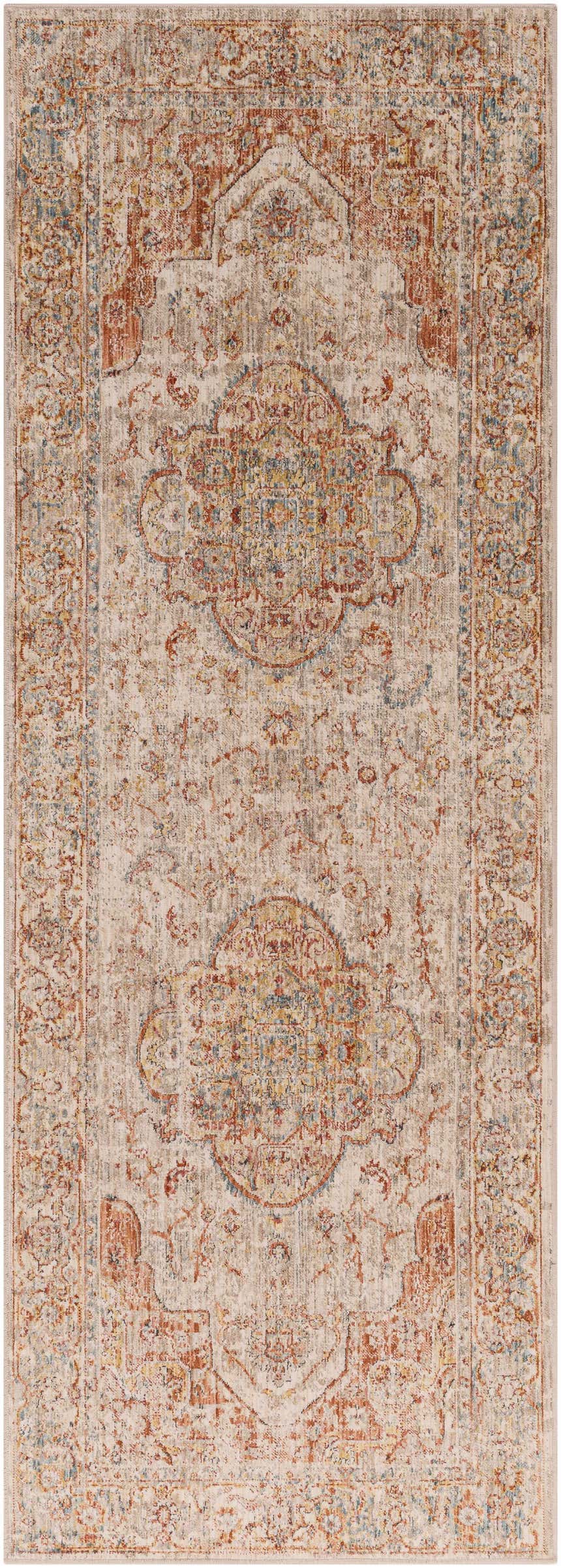 Close-up of the Marieville Luxe Performance Rug. Traditional oriental design in cream, brick red, and denim. Design-Runner-2773
